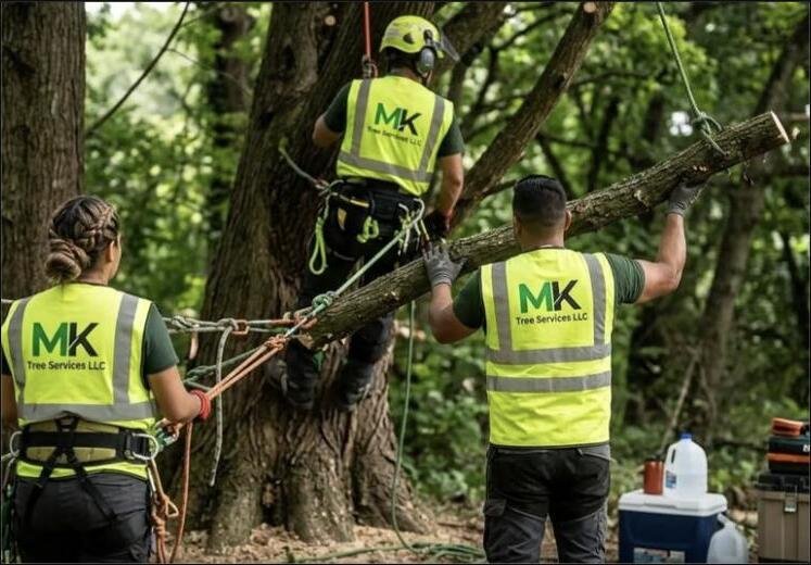 Equipo de MK Tree & Landscape Services bajando de forma segura una rama grande en Raleigh, NC